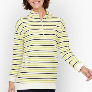 Talbots Stripe Classic French Terry Half Zip Pullover MEDIUM White